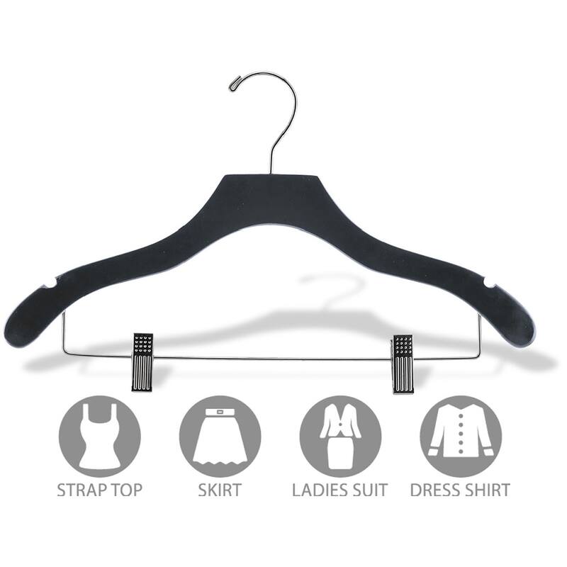 Black Wavy Combo Hanger with Adjustable Cushion Clips, Box of 50 Hangers with Notches and Chrome Hook