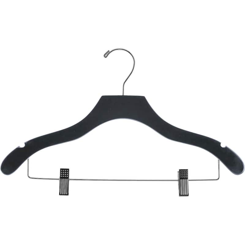 Black Wavy Combo Hanger with Adjustable Cushion Clips, Box of 25 Hangers with Notches and Chrome Hook - Wavy Design, Anti-Stain Clips, 17", Black Finish