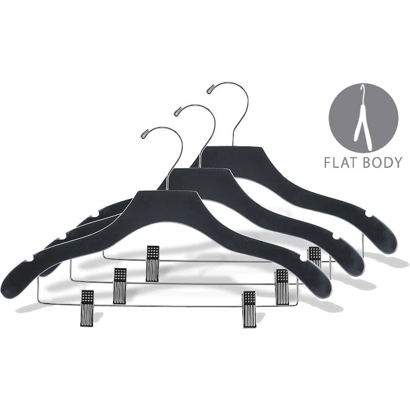 Black Wavy Combo Hanger with Adjustable Cushion Clips, Box of 25 Hangers with Notches and Chrome Hook