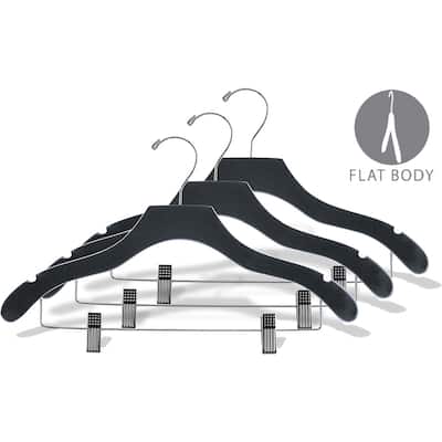 Black Wavy Combo Hanger with Adjustable Cushion Clips, Box of 25 Hangers with Notches and Chrome Hook