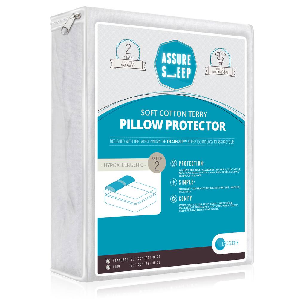Assure Sleep Breathable Soft Cotton Terry 7-in-1 Pillow Protector (Set of 2) - White