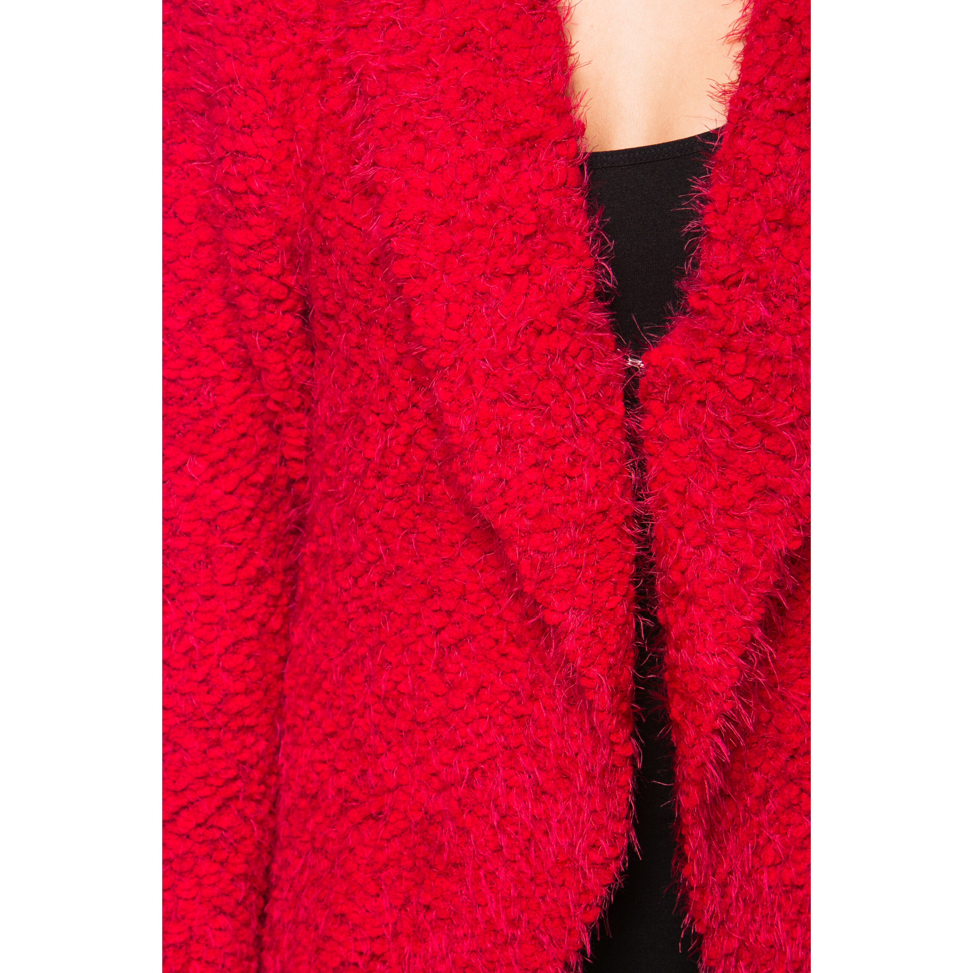 red fluffy cardigan
