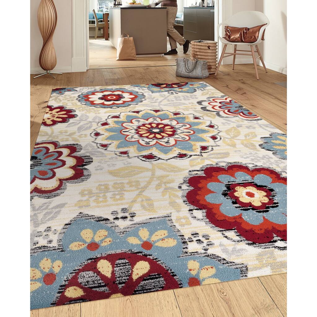 World Rug Gallery Transitional Large Floral Design Cream/Gray/Blue 5 ft. 3 in. x 7 ft. 3 in. Indoor Area Rug - 5'3" x 7'3"