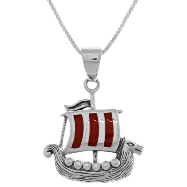 Shop Sterling Silver Viking Ship Pendant with Red Enamel on 18inch Box