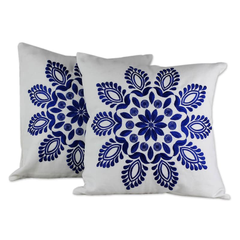 Handmade Set of 2 Cotton 'Blue Delhi Splendor' Cushion Covers (India) - Cotton - Set of 2 - White - Pillow Covers