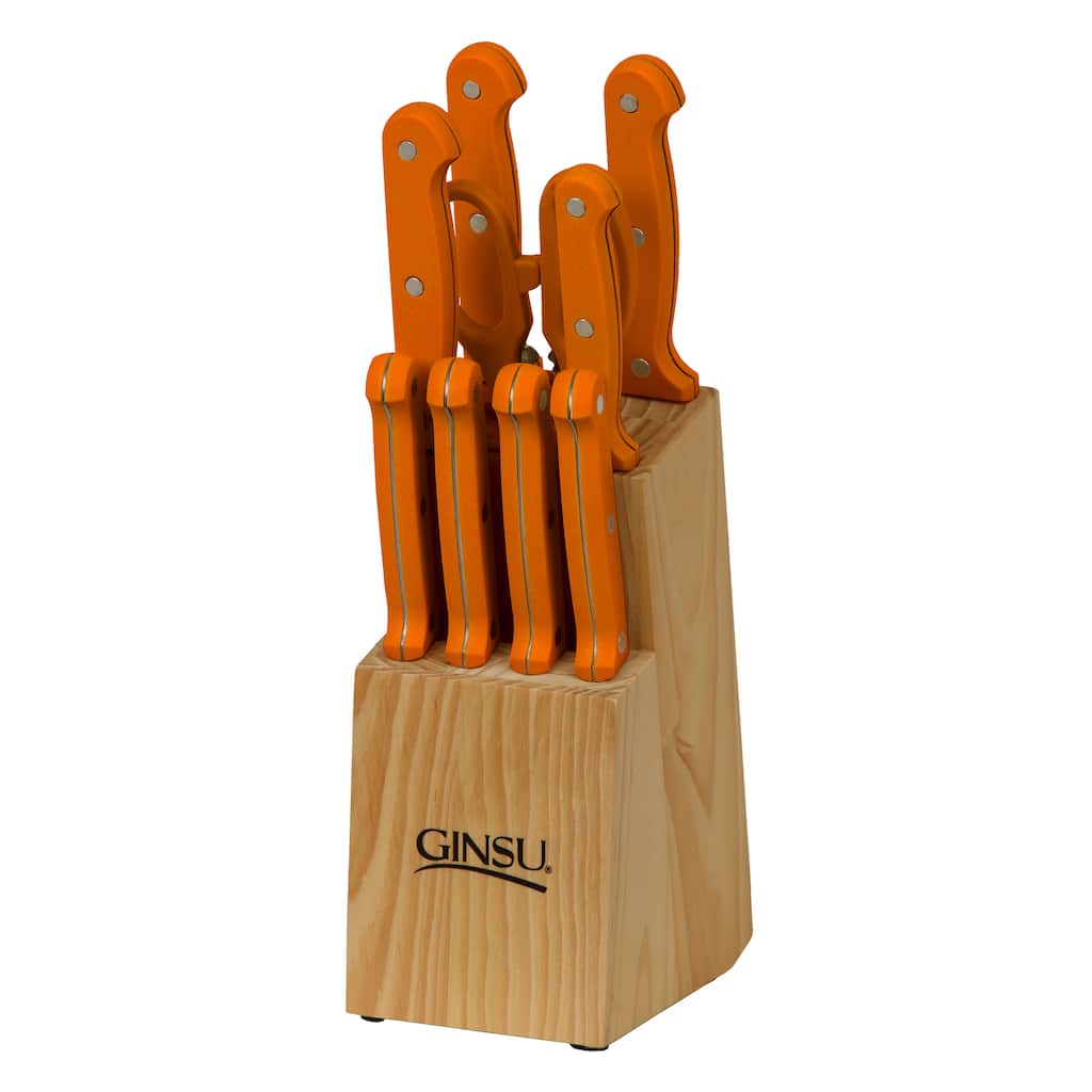 Ginsu Essential Series 10-piece Stainless Steel Serrated Knife Set Cutlery Set with Orange Kitchen Knives. and Natural Block