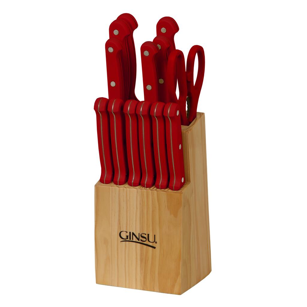 Ginsu Essential Series 14-Piece Stainless Steel Serrated Knife Set - Cutlery Set with Red Kitchen Knives, Natural Block