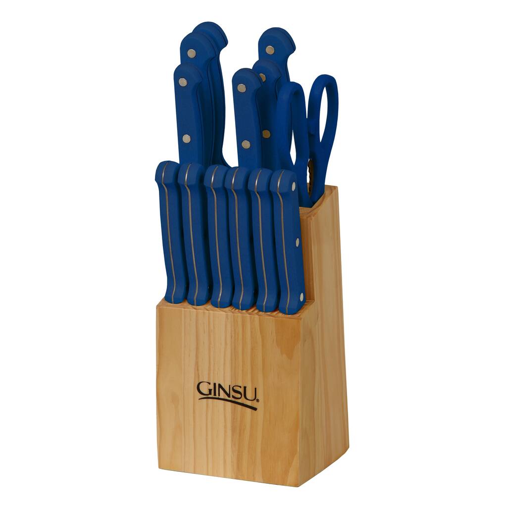 Ginsu Essential Series 14-Piece Stainless Steel Serrated Knife Set - Cutlery Set with Blue Kitchen Knives, Natural Block