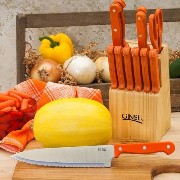 Ginsu Essential Series 14 Piece Stainless Steel Serrated Knife Set Cutlery W Orange Kitchen Knives Natural Block Ginsu Essential Series 14 Piece Stainless Steel Serrated Knife Set Cutlery W Orange Kitchen Knives Natural Block