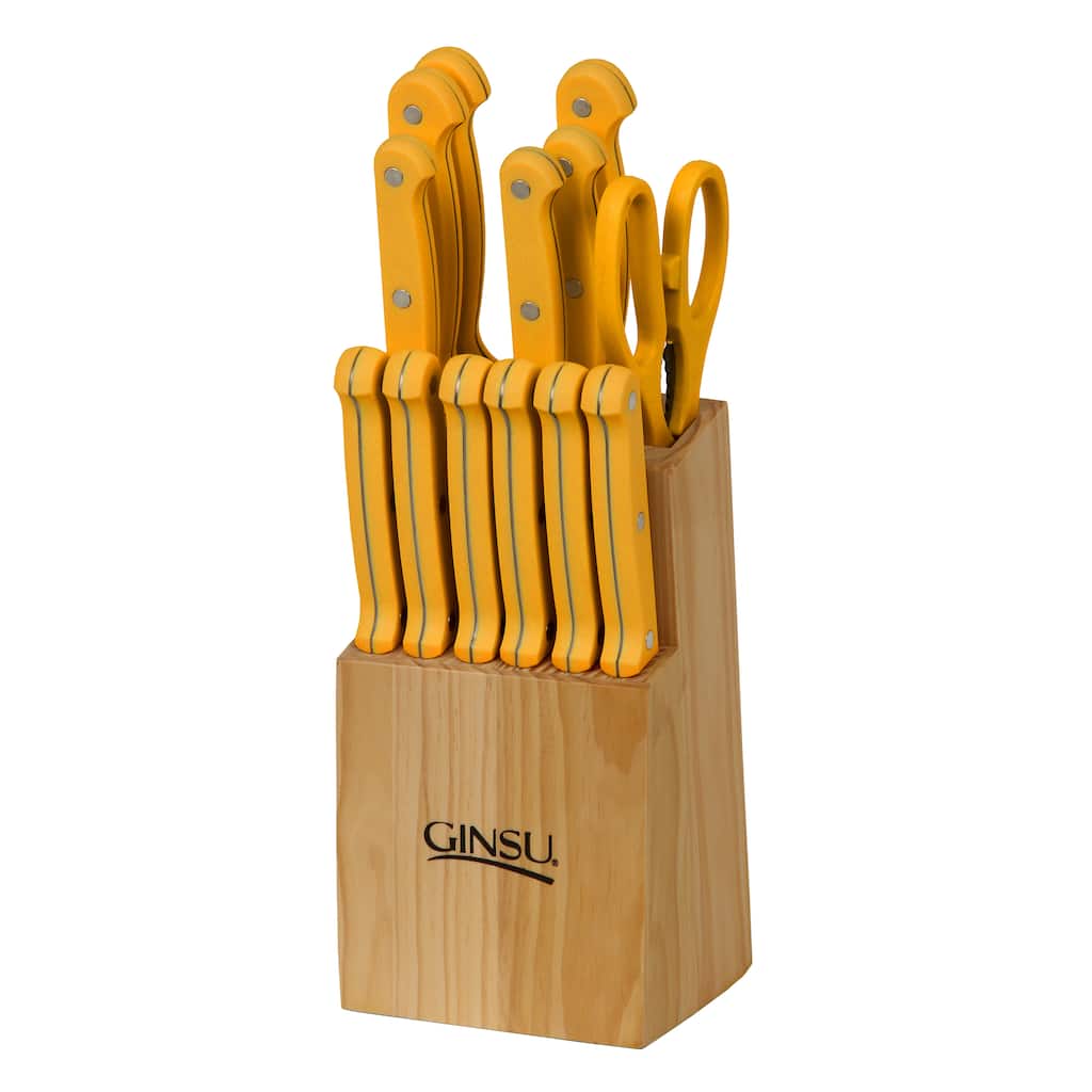 Ginsu Essential Series 14-Piece Stainless Steel Serrated Knife Set – Cutlery Set w/ Yellow Kitchen Knives, Natural Block