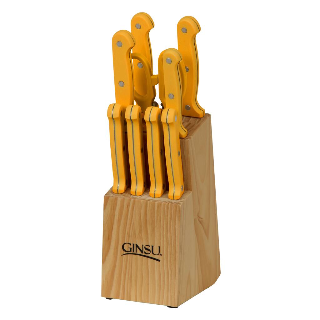 Ginsu Essential Series 10-Piece Stainless Steel Serrated Knife Set - Cutlery Set with Yellow Kitchen Knives, Black Block