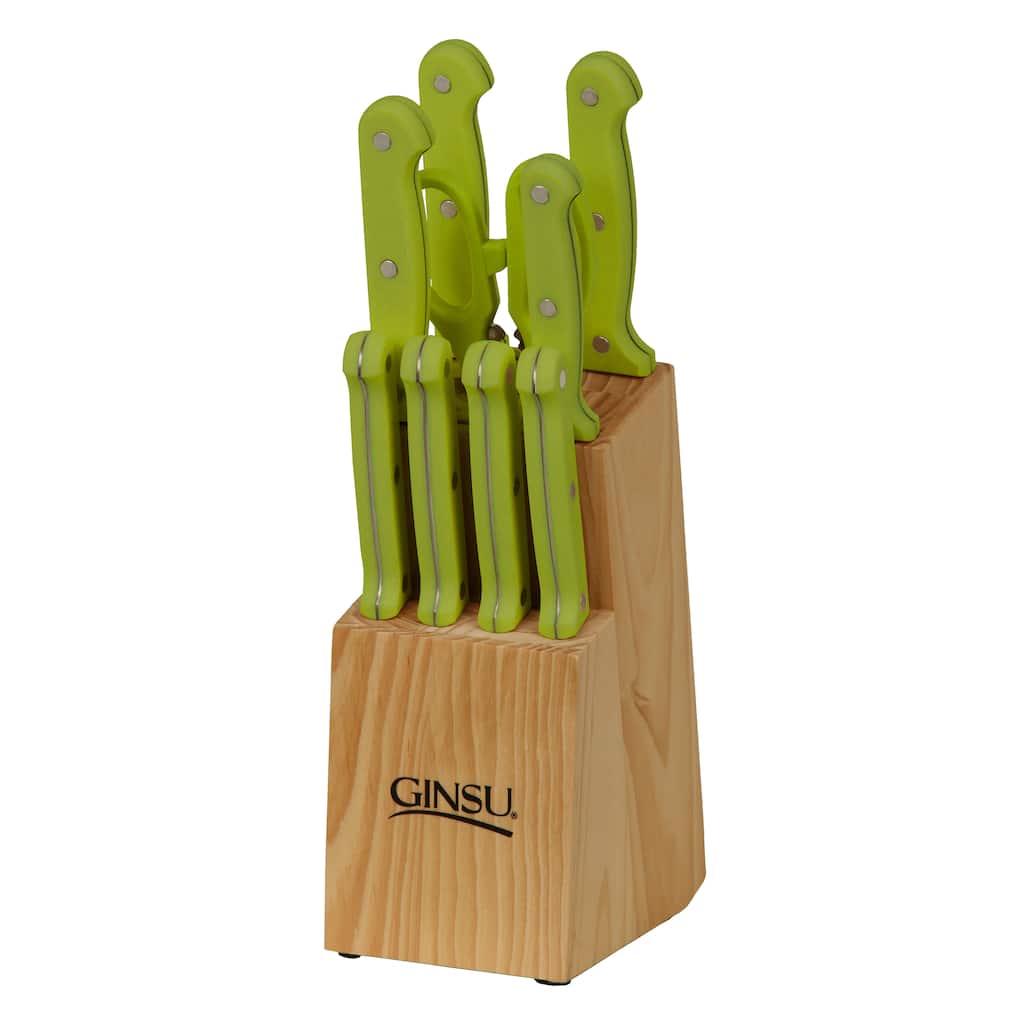 Ginsu Essential Series 10-Pc Stainless Steel Serrated Knife Set - Cutlery Set w/ Lime Green Kitchen Knives, Black Block