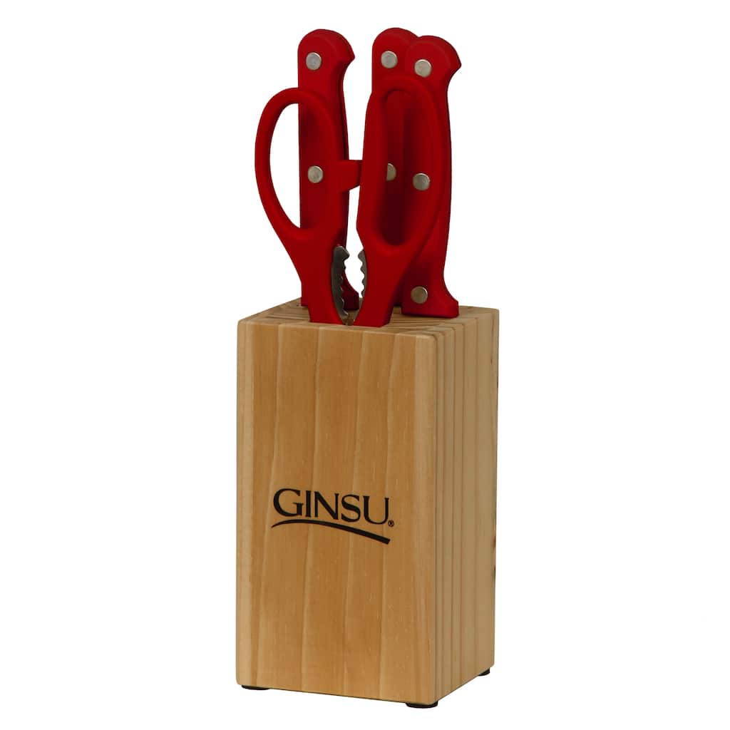 Ginsu Essential Series 5-Piece Stainless Steel Serrated Knife Set - Cutlery Set with Red Kitchen Knives, Natural Block