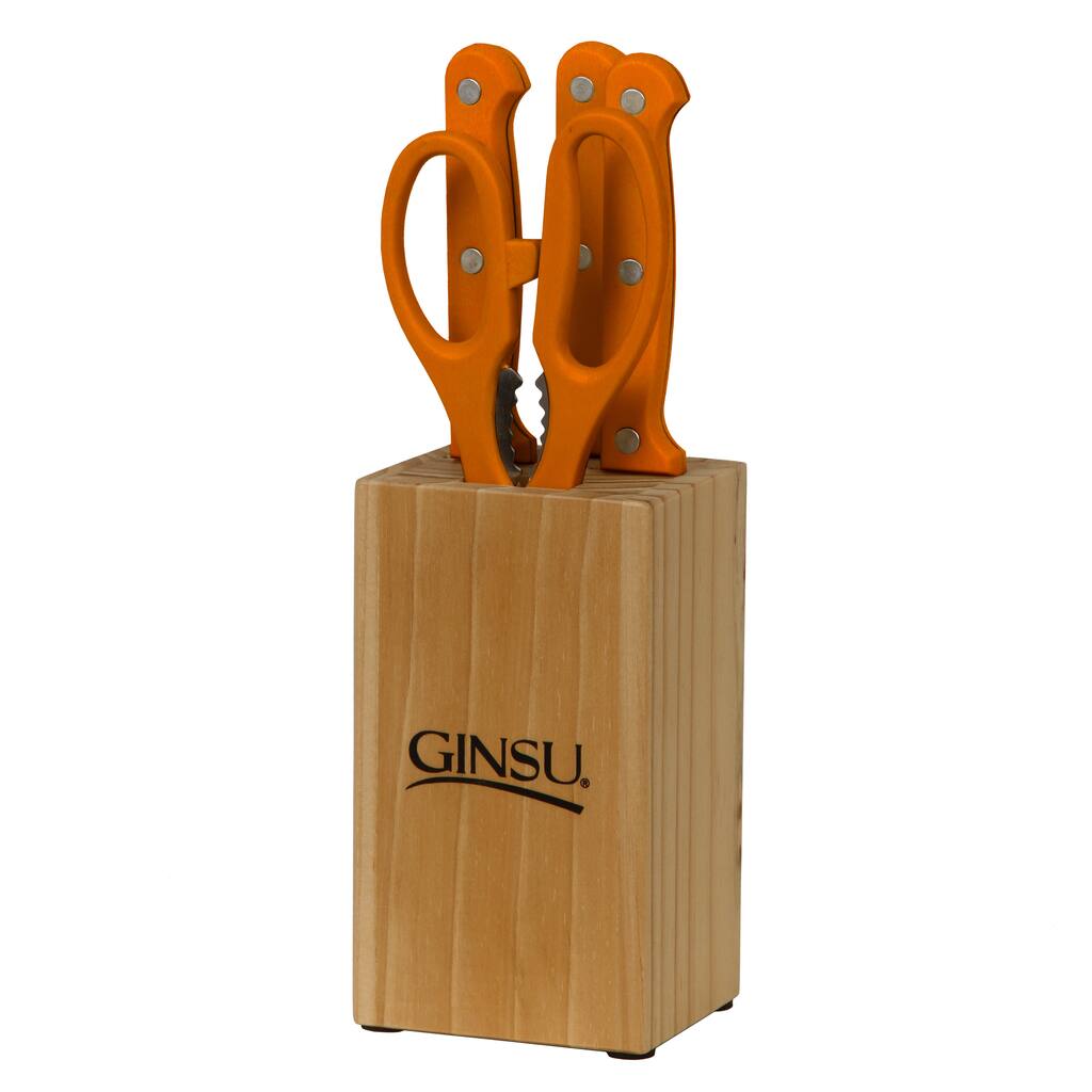 Ginsu Essential Series 5-Piece Stainless Steel Serrated Knife Set - Cutlery Set w/ Orange Kitchen Knives, Natural Block