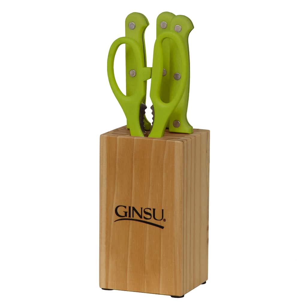 Ginsu Essential Series 5-Pc Stainless Steel Serrated Knife Set - Cutlery Set w/ Lime Green Kitchen Knives, Natural Block