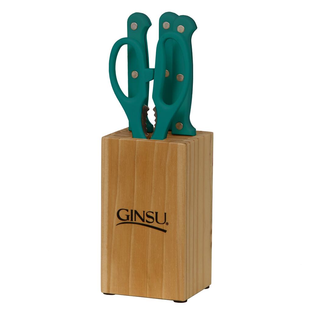 Ginsu Essential Series 5-Piece Stainless Steel Serrated Knife Set – Cutlery Set with Teal Kitchen Knives, Natural Block