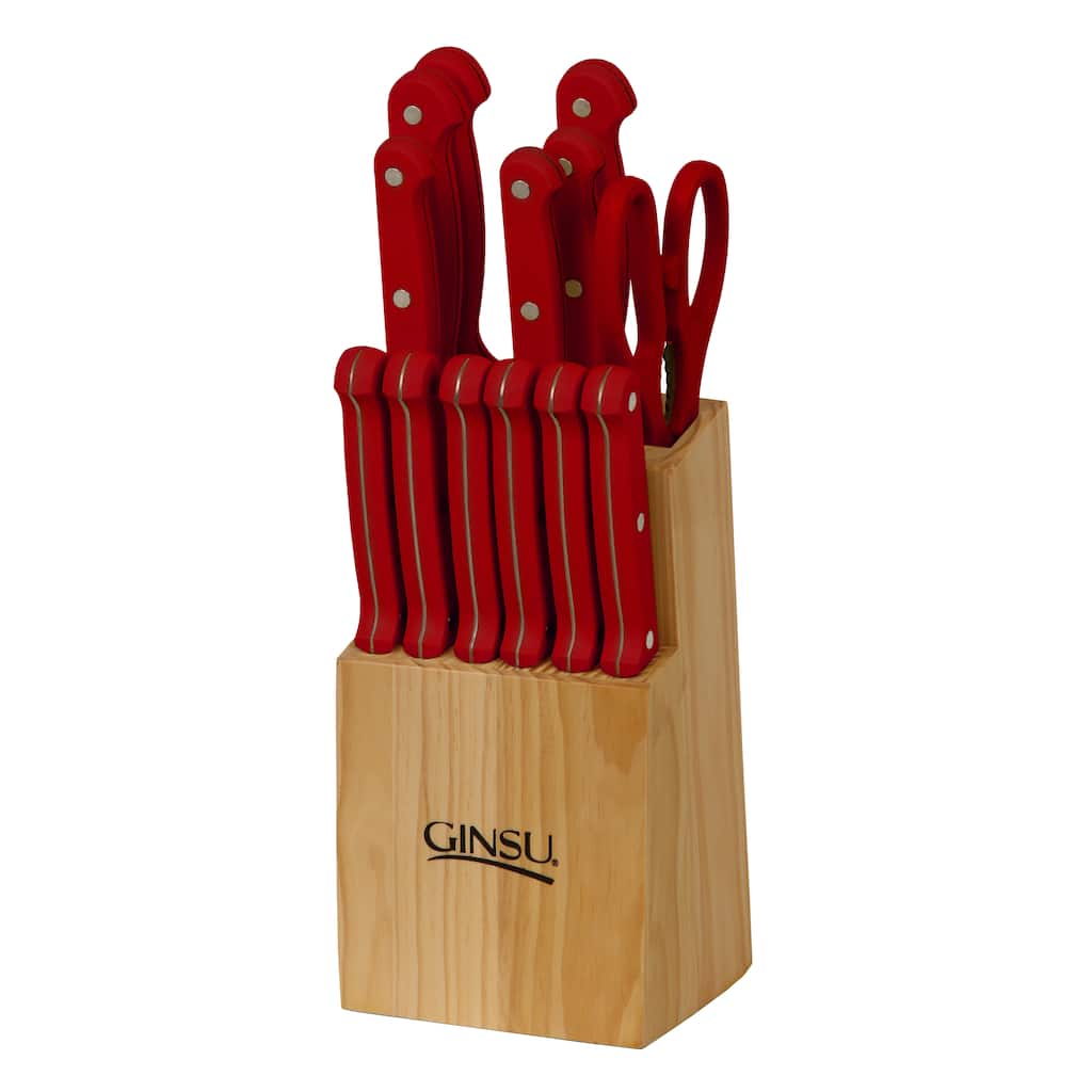 Ginsu Essential Series 14-Piece Stainless Steel Serrated Knife Set - Cutlery Set with Red Kitchen Knives, Natural Block