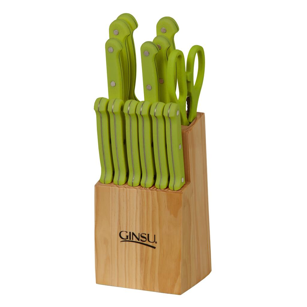 Ginsu Essential Series 14Pc Stainless Steel Serrated Knife Set - Cutlery Set w/ Lime Green Kitchen Knives, Natural Block