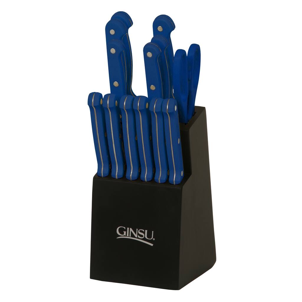 Ginsu Essential Series 14-Piece Stainless Steel Serrated Knife Set - Cutlery Set with Blue Kitchen Knives, Black Block