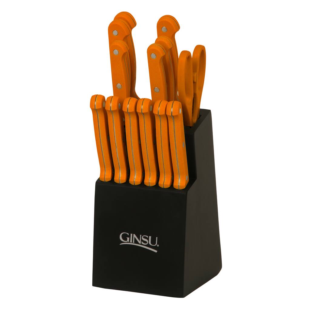 Ginsu Essential Series 14-Piece Stainless Steel Serrated Knife Set - Cutlery Set with Orange Kitchen Knives, Black Block