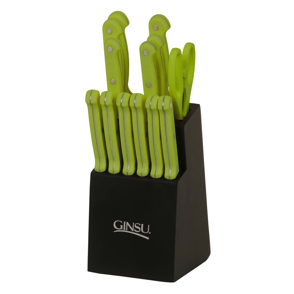 Ginsu Essential Series 14-Pc Stainless Steel Serrated Knife Set - Cutlery Set w/ Lime Green Kitchen Knives, Black Block
