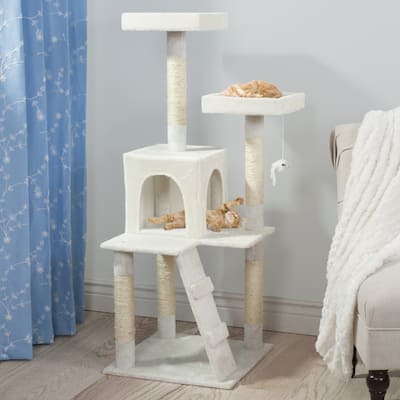 Petmaker White 4-Tier Cat Tower Tree with Cat Condo, Scratching Posts, and Hanging Toy