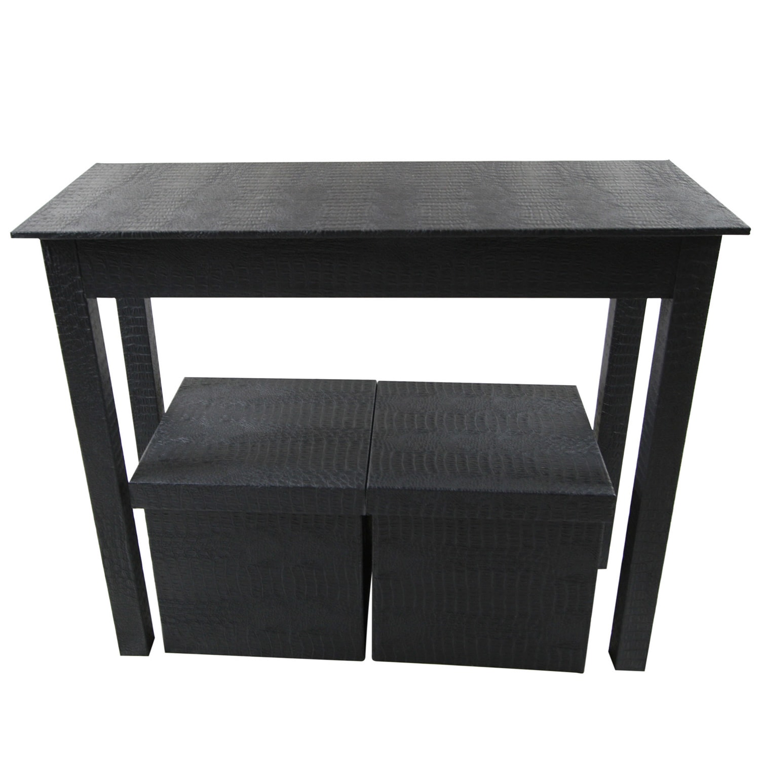 Patterned Black Leatherette Console And Two Matching Storage Patterned Black Leatherette Console