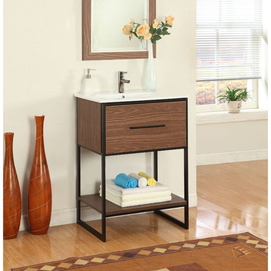 24 in Antique Walnut Single bathroom Vanity with Black Metal Frame