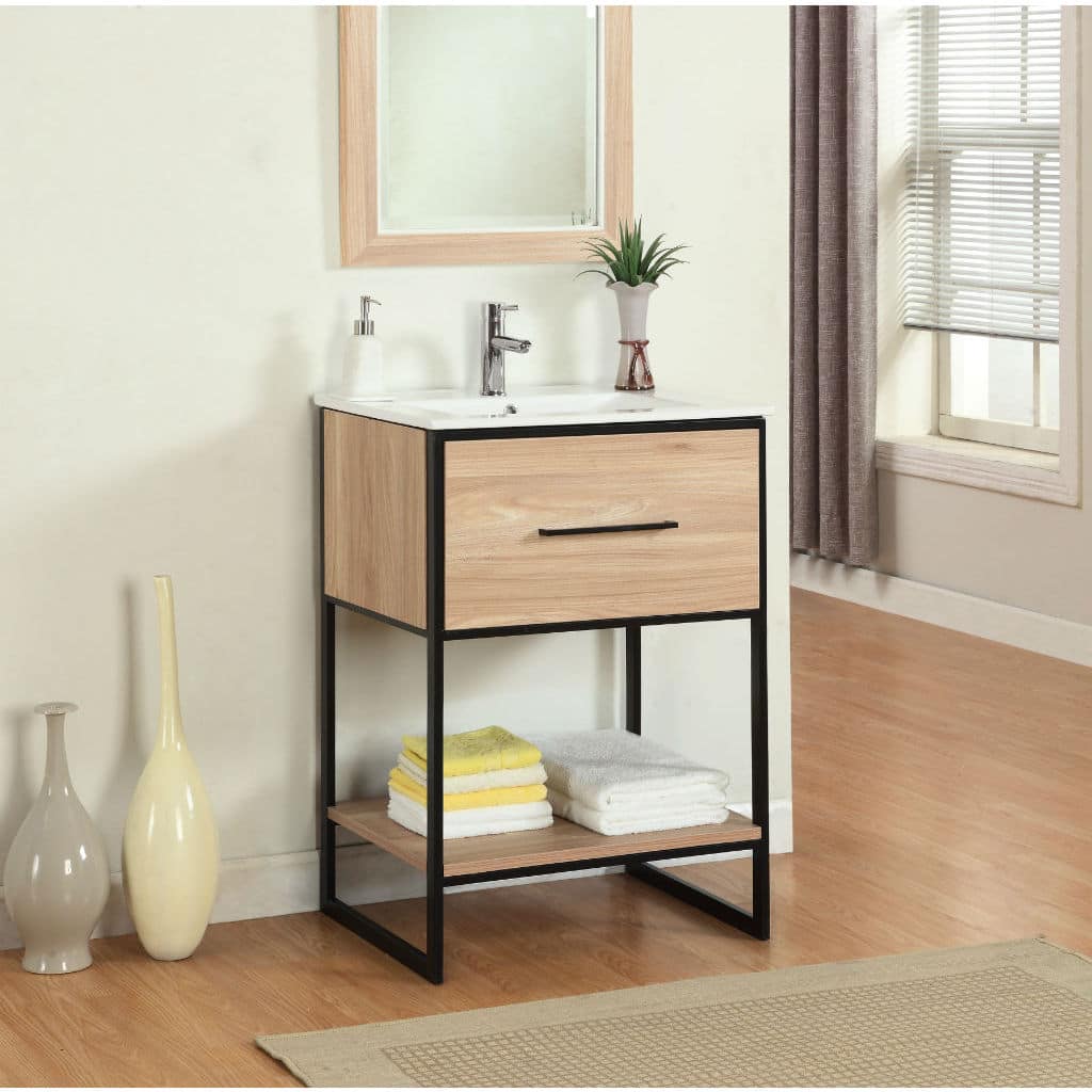 24 in Maple Finish Single bathroom Vanity with Black Metal Frame