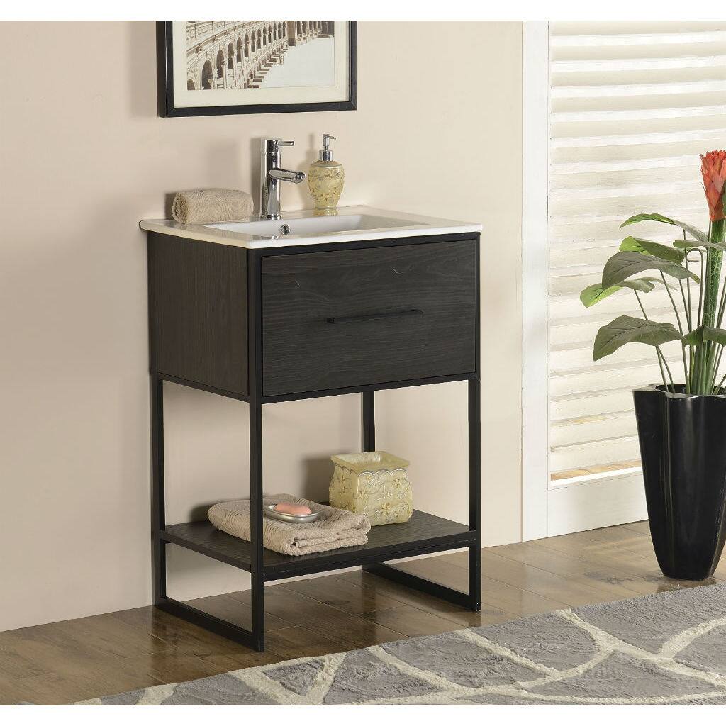 24 in Espresso Finish Single bathroom Vanity with Black Metal Frame