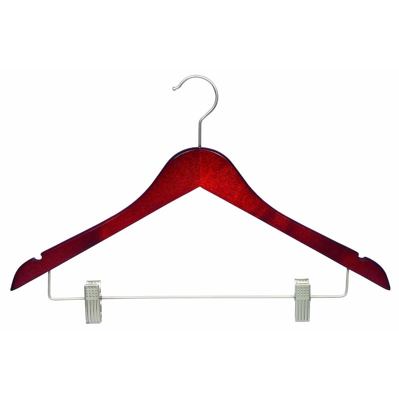 Cherry Finish Wooden Combo Hanger with Brushed Chrome Clips (Pack of 25)