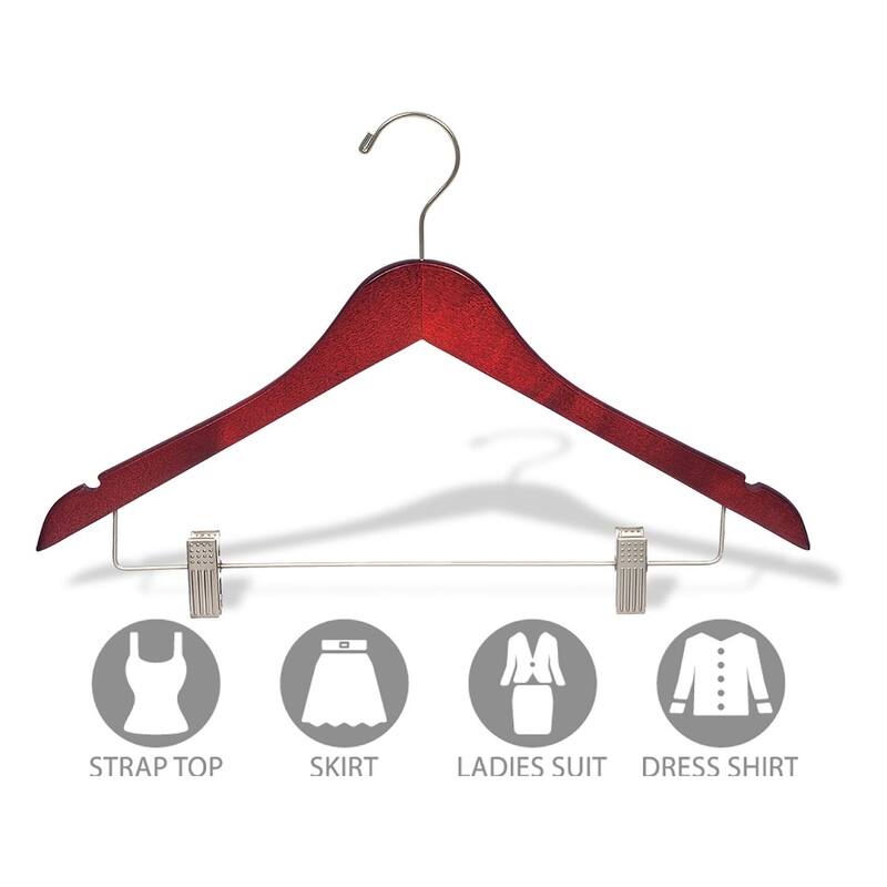 Cherry Finish Wooden Combo Hanger with Brushed Chrome Clips (Pack of 25)