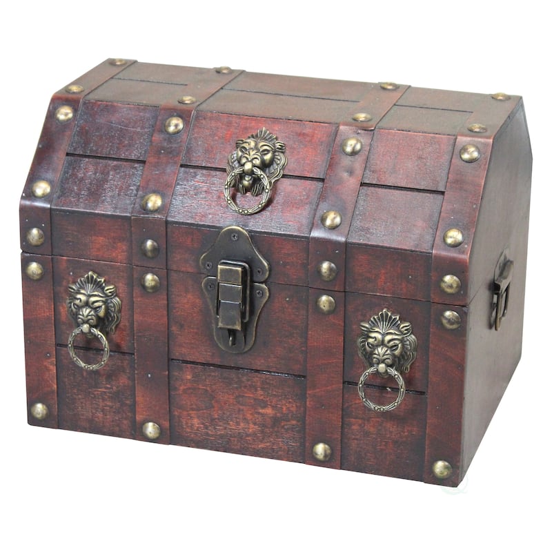 Antique Wooden Pirate Chest with Lion Rings and Lockable Latch - Brown