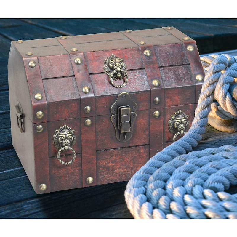 Antique Wooden Pirate Chest with Lion Rings and Lockable Latch - Brown