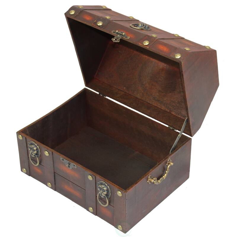Antique Wooden Pirate Chest with Lion Rings and Lockable Latch - Brown