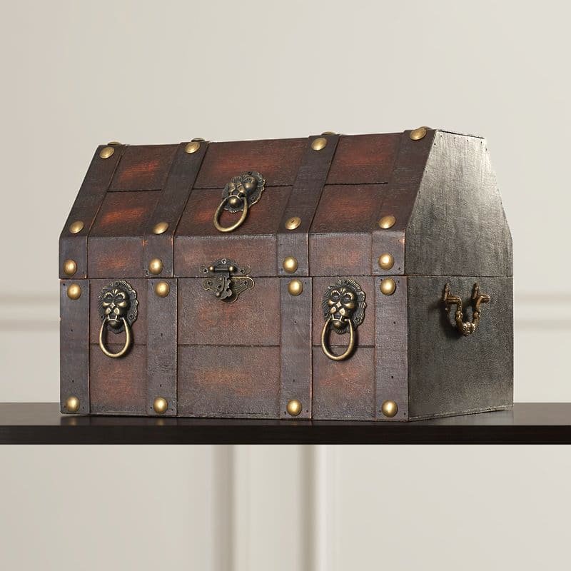 Antique Wooden Pirate Chest with Lion Rings and Lockable Latch - Brown