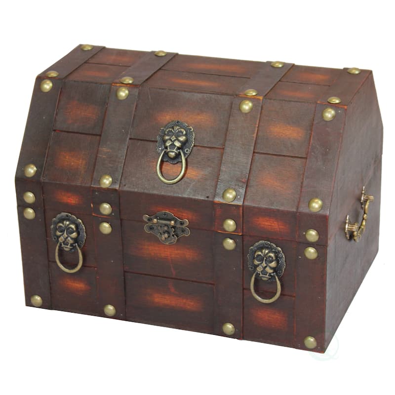 Antique Wooden Pirate Chest with Lion Rings and Lockable Latch - Brown