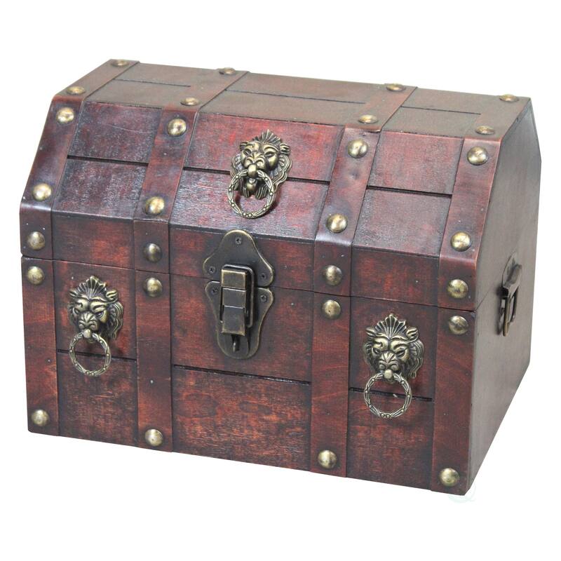 Antique Wooden Pirate Chest with Lion Rings and Latch - Brown
