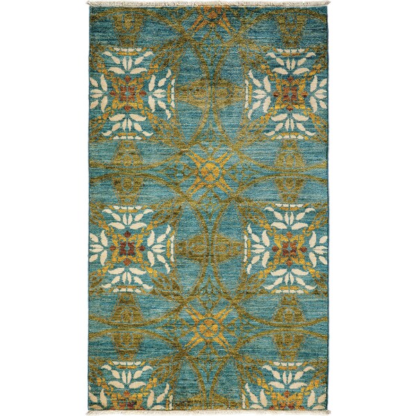 Art Deco Hand Knotted Area Rug 3x5 Blue 3'3" x 5''5