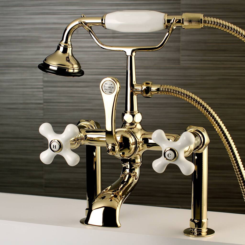 Deck-mount Polished Brass Clawfoot Tub Faucet with Hand Shower - Yellow