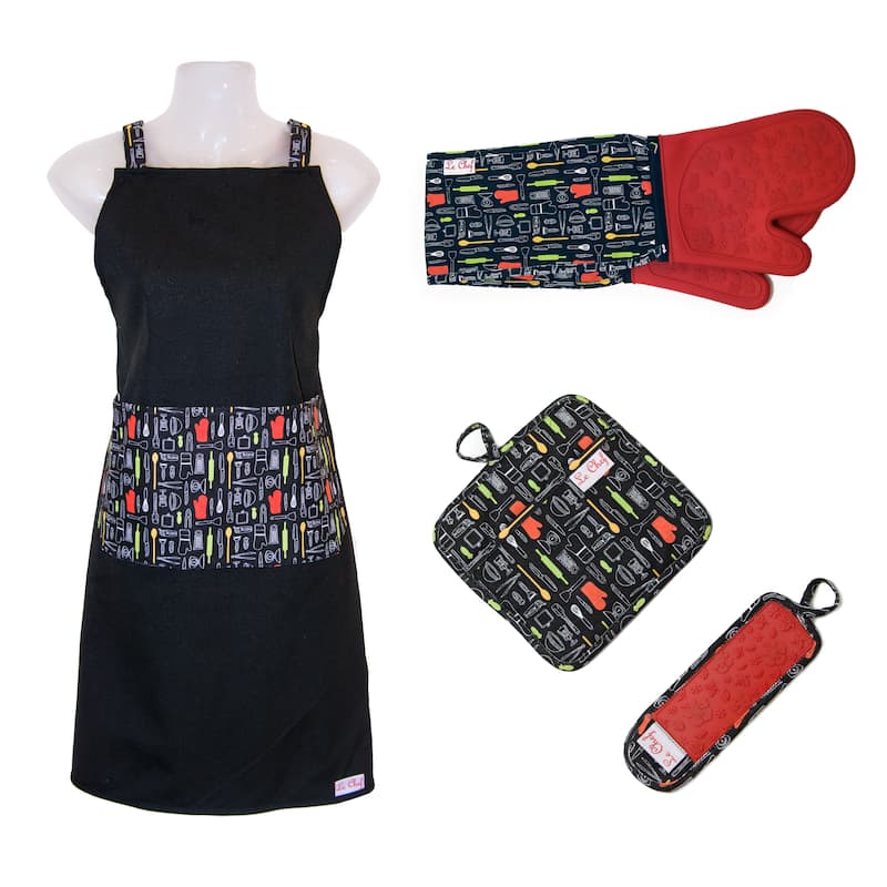Le Chef 4-piece Floral Print Kitchen Tools Apron Set