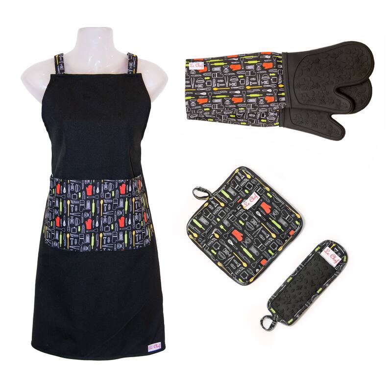 Le Chef 4-piece Floral Print Kitchen Tools Apron Set