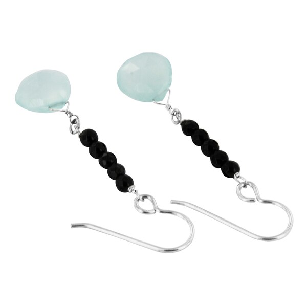 ASHANTI Aqua Chalcedony and Black Onyx Natural Gemstone Sterling Silver Handmade Earrings