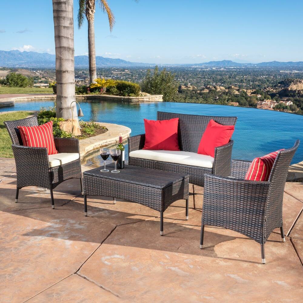 Malta Outdoor 4-piece Wicker Chat Set with Cushions by Christopher Knight Home