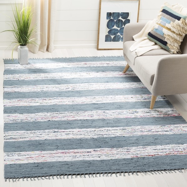 Safavieh Montauk Hand-Woven Flatweave White/ Grey Stripe Cotton Rug - 5' x 7'