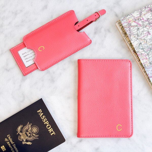 pink leather luggage tag