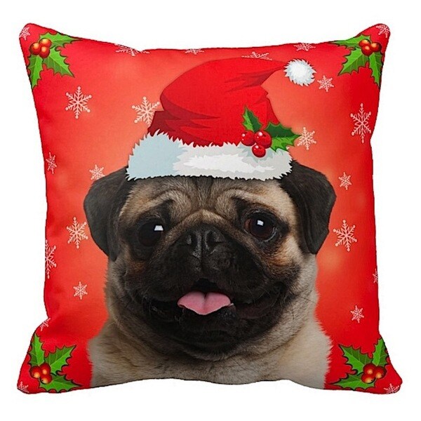 Pug Fawn in Santa Hat Christmas 16x16 Throw Pillow