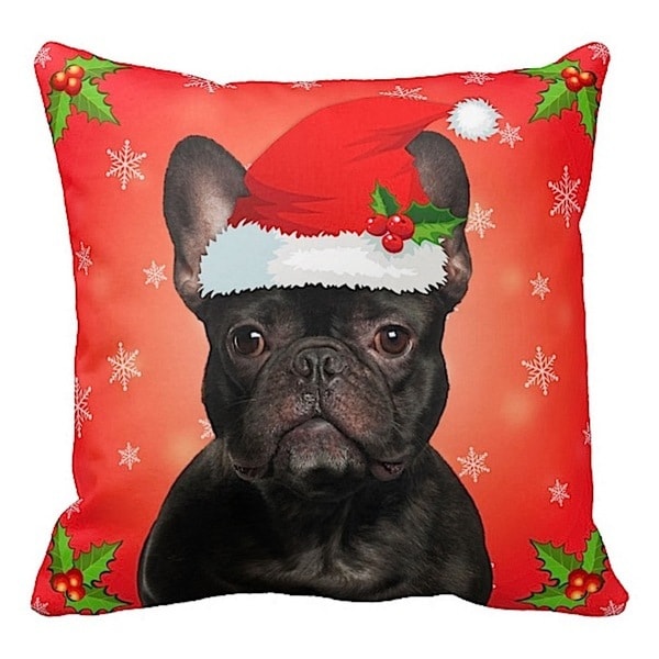 French Bulldog Black in Santa Hat Christmas 16x16 Throw Pillow