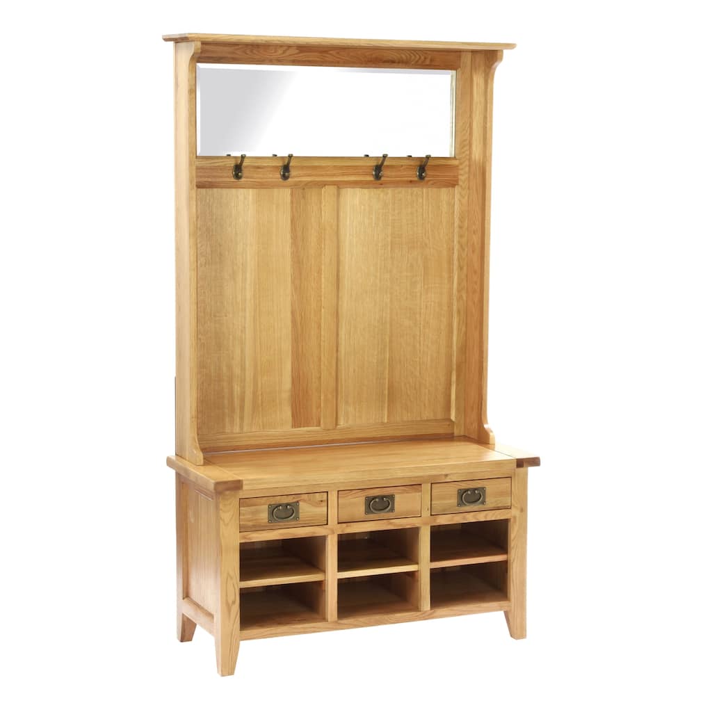 Vancouver Oak Three-Drawer Tidy Hall Bench with Coat Rack Mirror and Shoe Storage