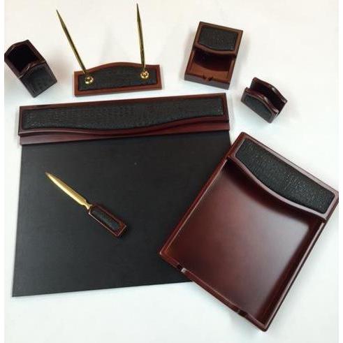 7 Piece Burgundy Oak and Black Crocodile Look Eco Friendly Leather Desk Set 2f480540 5da4 4220 98fa 5a8037032691